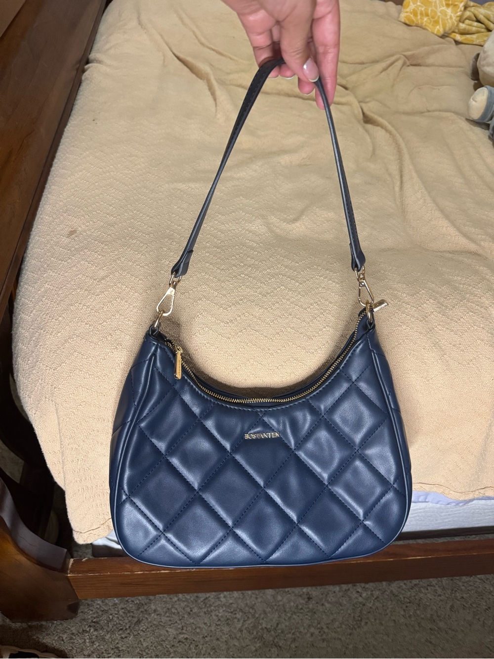 Quilted Navy Shoulder Bag with Gold Accents